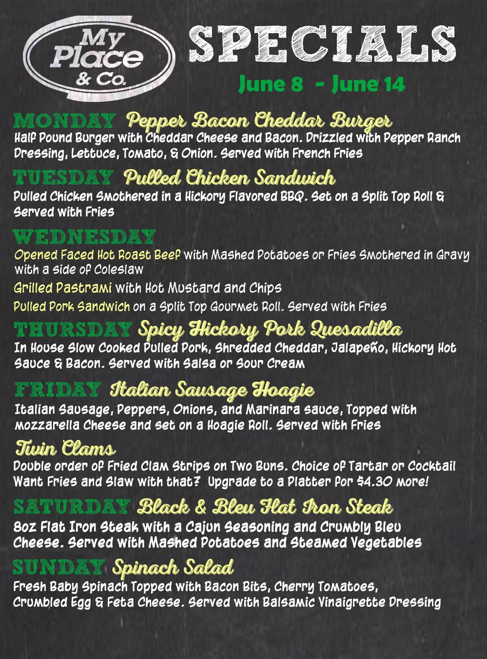Chalkboard menu titled SPECIALS for June 8–14 with daily dishes (Monday: Pepper Bacon Cheddar Burger, Tuesday: Pulled Chicken Sandwich, etc.).